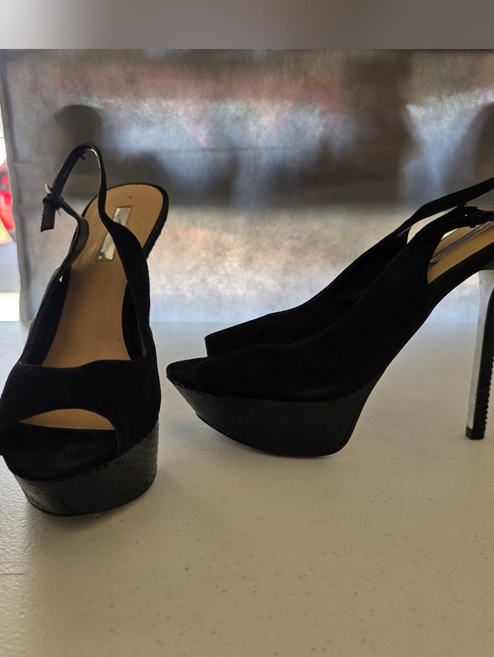 H by Halston Black Suede Snake Platform Slingback Pumps | Size 10